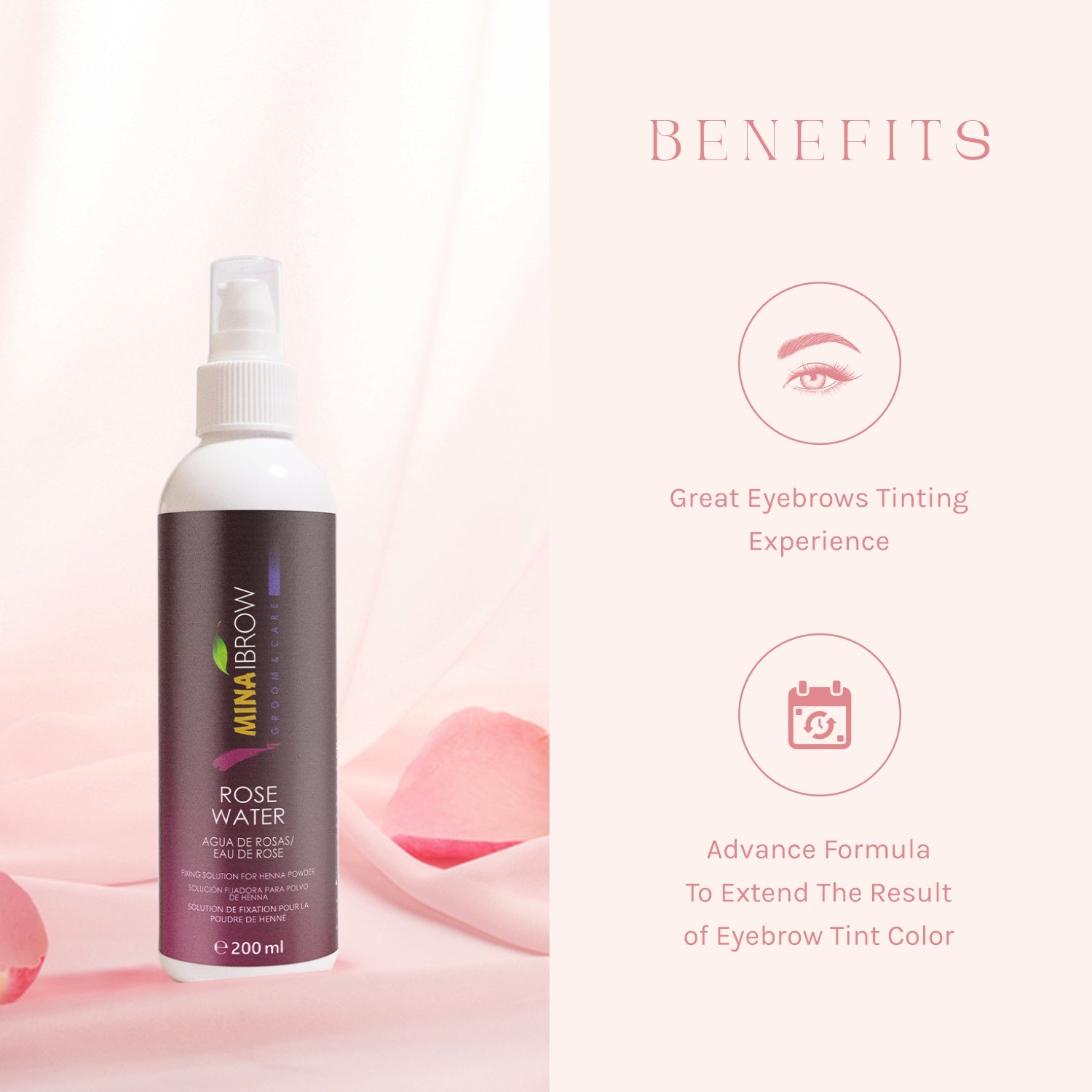 Mina Rose Water Facial Toner And Eyebrow Henna Tint Fixing Solution 200ml